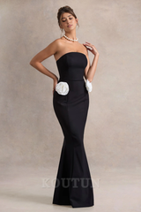 Black Strapless Fishtail Maxi Dress With Corsages