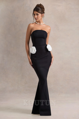 Black Strapless Fishtail Maxi Dress With Corsages