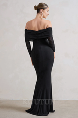 Black Fishtail Maxi Dress With Bardot Mesh Long Sleeves