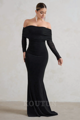 Black Fishtail Maxi Dress With Bardot Mesh Long Sleeves