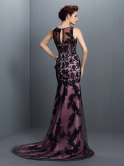 Trumpet/Mermaid Bateau Applique Sleeveless Long  Woven Satin Dresses