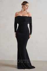 Black Fishtail Maxi Dress With Bardot Mesh Long Sleeves