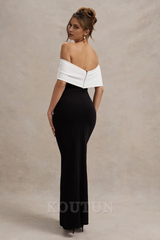 Black & White Bardot Bow Detail Maxi Dress With Thigh Split