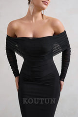 Black Fishtail Maxi Dress With Bardot Mesh Long Sleeves