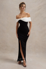 Black & White Bardot Bow Detail Maxi Dress With Thigh Split