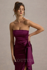 Burgundy Satin Bandeau Draped Maxi Dress