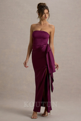 Burgundy Satin Bandeau Draped Maxi Dress