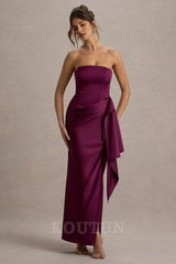 Burgundy Satin Bandeau Draped Maxi Dress