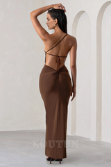Chocolate Brown One Shoulder Maxi Dress With Open Back Detail