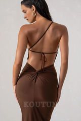 Chocolate Brown One Shoulder Maxi Dress With Open Back Detail