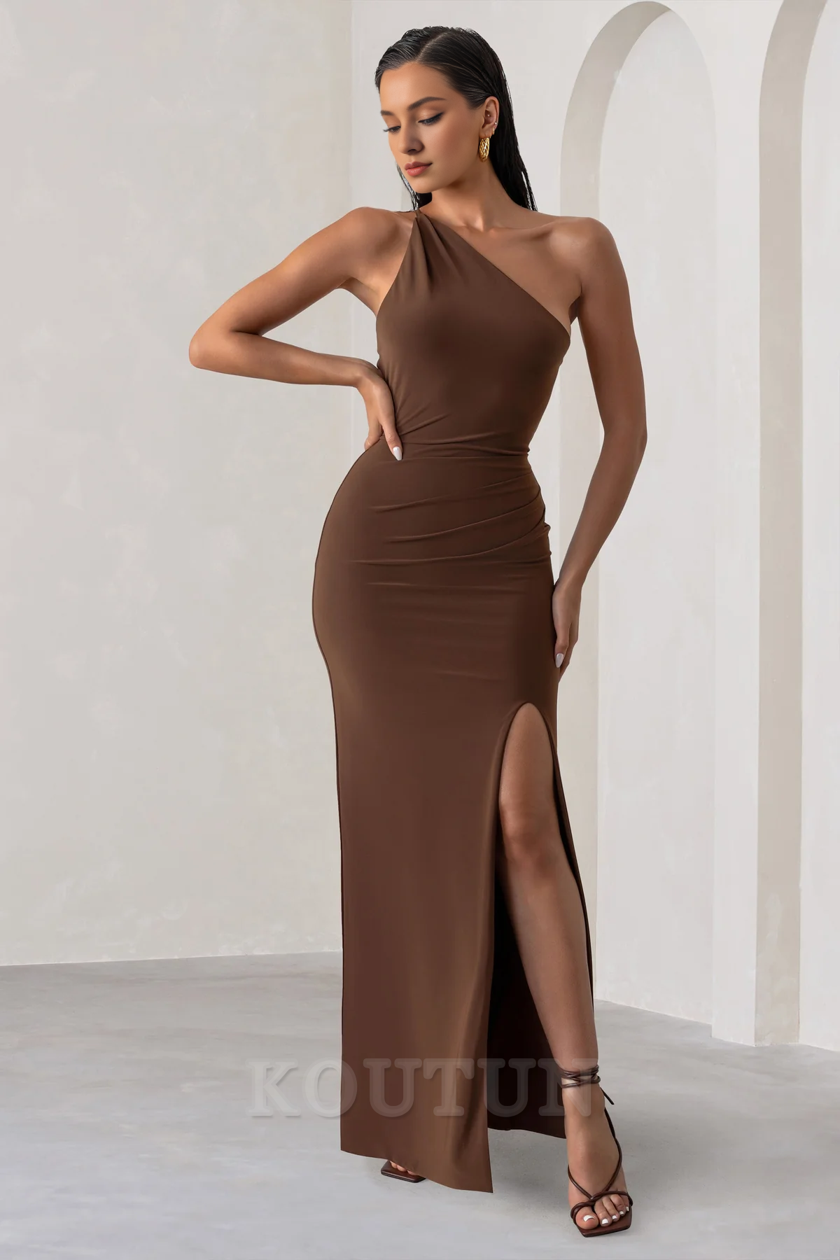 Chocolate Brown One Shoulder Maxi Dress With Open Back Detail