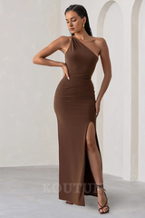 Chocolate Brown One Shoulder Maxi Dress With Open Back Detail