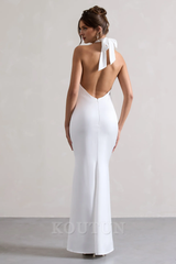 White Satin Cross Over Halter-Neck Maxi Dress