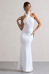 White Satin Cross Over Halter-Neck Maxi Dress