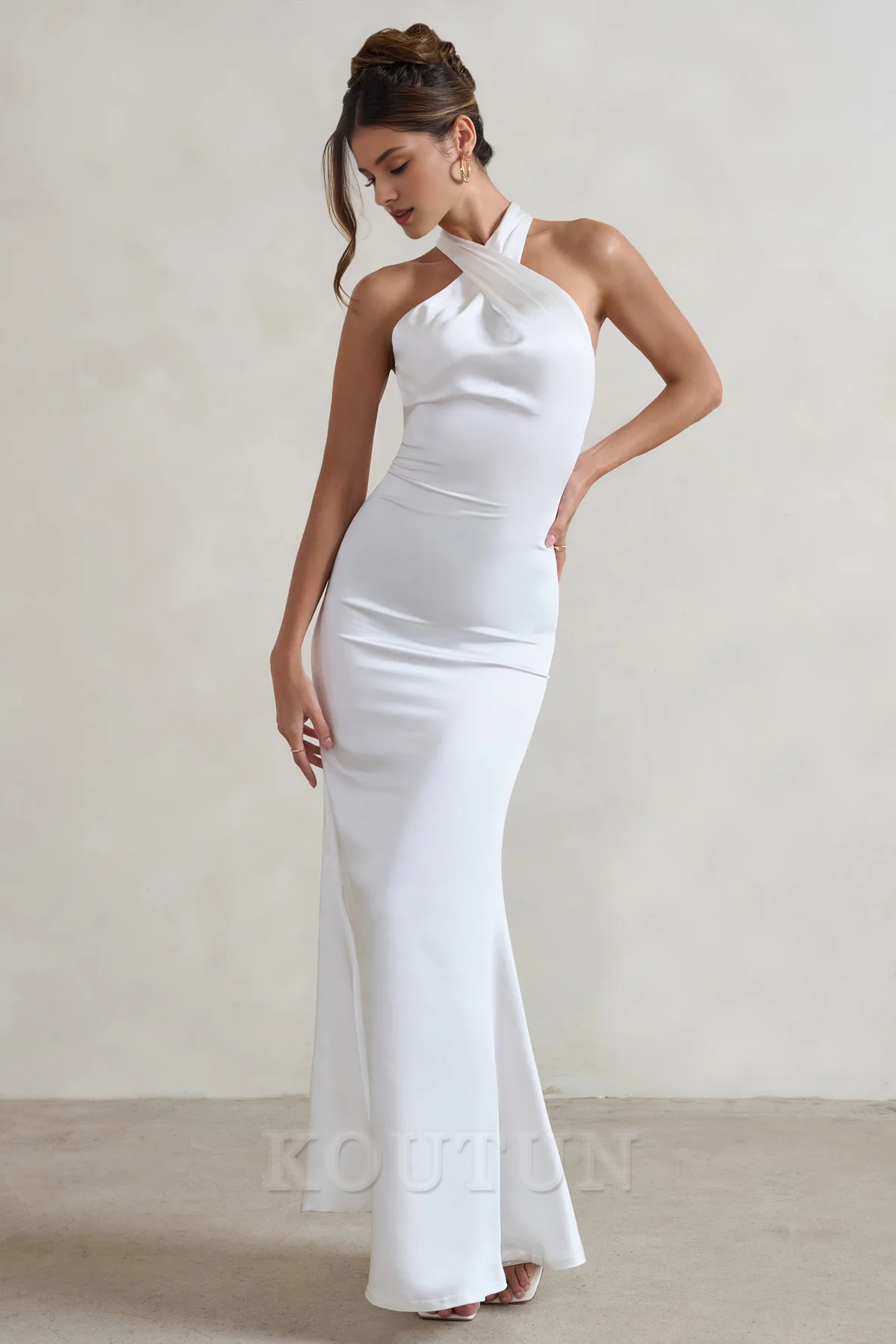White Satin Cross Over Halter-Neck Maxi Dress