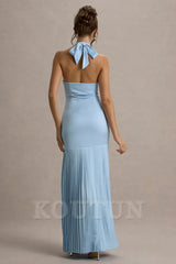 Powder Blue Satin Cross Halter-Neck Plisse Maxi Dress