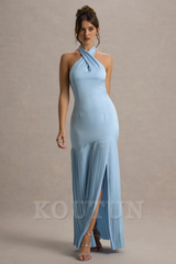 Powder Blue Satin Cross Halter-Neck Plisse Maxi Dress