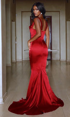 Mermaid Deep Red Delilah draped neckline ball gown bottom with sweeping train