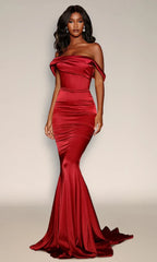 Mermaid Deep Red Delilah draped neckline ball gown bottom with sweeping train