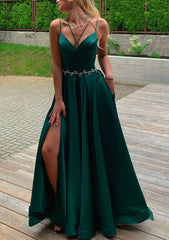 A-line V Neck Sleeveless Satin Sweep Train Prom Dress With Pockets Waistband Split