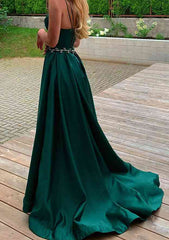 A-line V Neck Sleeveless Satin Sweep Train Prom Dress With Pockets Waistband Split