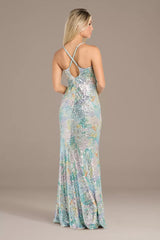 Sequin Cowl Neck Watercolor Sheath Dress