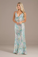 Sequin Cowl Neck Watercolor Sheath Dress