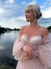 Soft pink event dress Puffy tulle dress puff sleeves Wedding DressProm Dress Pink dress for photo corset dress