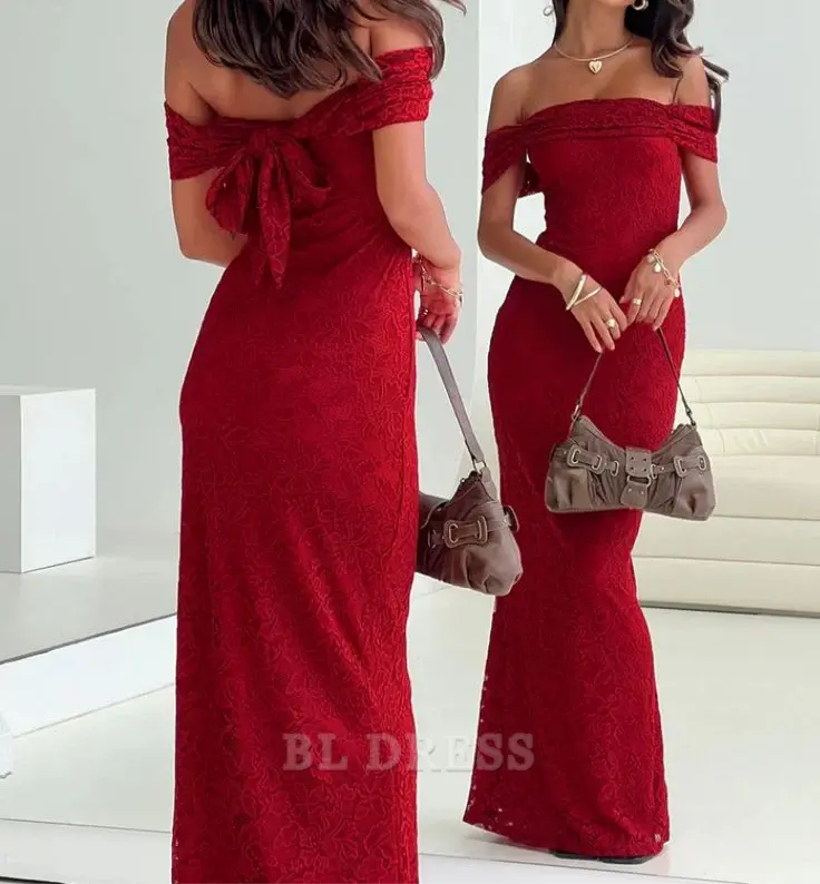 Mermaid Off The Shoulder Red Lace formal dresses Bridesmaid Dresses evening gown Prom Dress