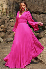A Line Deep V Neck Fuchsia Plus Size Prom Dress with Long Sleeves Sexy