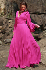 A Line Deep V Neck Fuchsia Plus Size Prom Dress with Long Sleeves Sexy