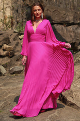 A Line Deep V Neck Fuchsia Plus Size Prom Dress with Long Sleeves Sexy