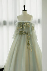 Light Green Off Shoulder Tulle Long Prom Dress A-line Green Party Dress