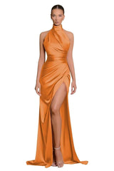 34116 - Classic High Neck Pleats Side Split Sheath Prom Formal Dress