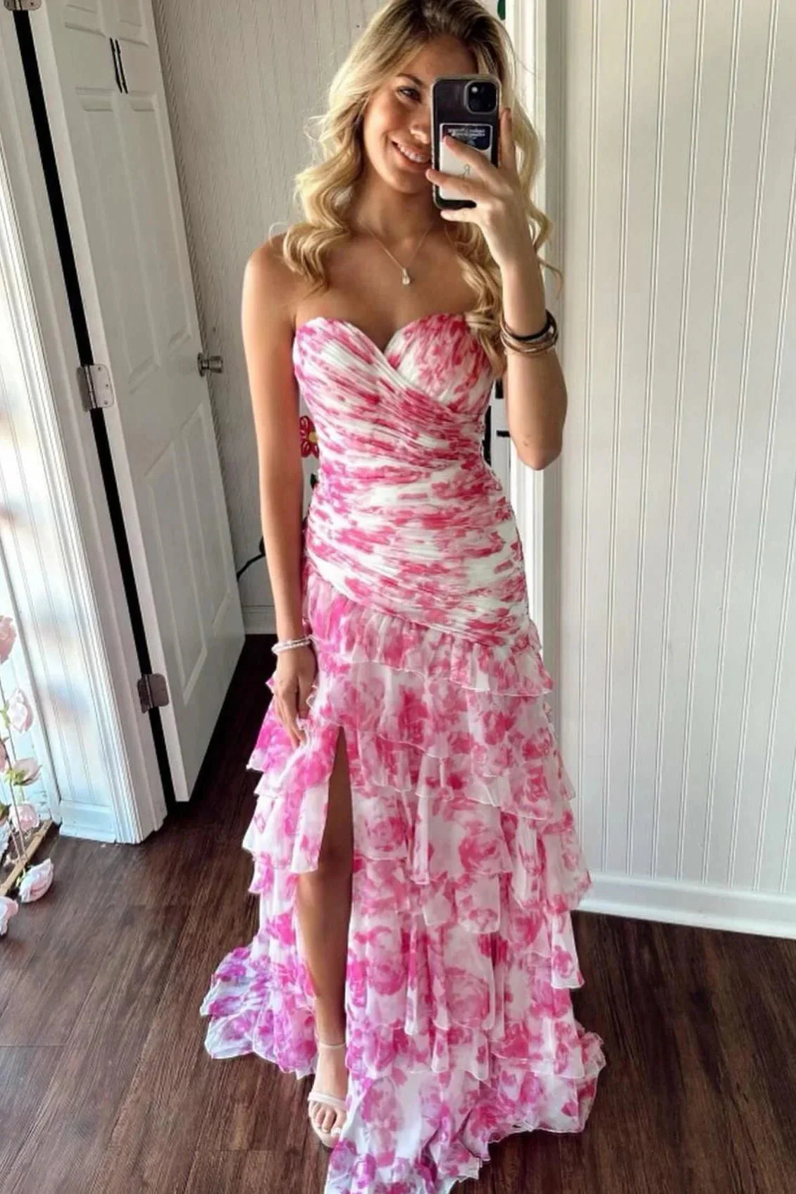 Sheath Strapless Floral Printed Chiffon Prom Dress with Slit