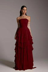 Charming Strapless Sleeveless Ruffles Long Prom Dress With Gloves