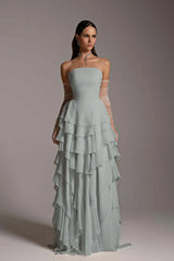 Charming Strapless Sleeveless Ruffles Long Prom Dress With Gloves