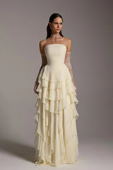 Charming Strapless Sleeveless Ruffles Long Prom Dress With Gloves