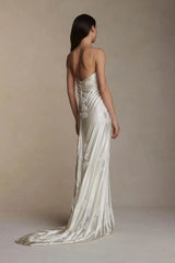 Stain Spaghetti Strap Sleeveless Long Prom Dress With Appliques