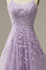 A-Line Purple Spaghetti Straps Long Prom Dress with Appliques