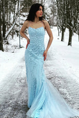 Mermaid Spaghetti Straps Long Prom Dress with Appliques