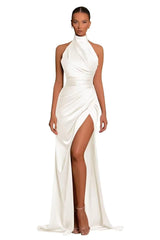 34116 - Classic High Neck Pleats Side Split Sheath Prom Formal Dress