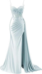 Pretty Mermaid Spaghetti Straps Sage Green Long Satin Prom Dresses Formal Evening Dress SD2416