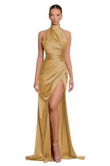 34116 - Classic High Neck Pleats Side Split Sheath Prom Formal Dress
