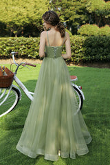 Green Spaghetti Strap Tulle Long Prom Dress, A-Line Evening Party Dress
