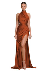 34116 - Classic High Neck Pleats Side Split Sheath Prom Formal Dress