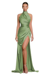 34116 - Classic High Neck Pleats Side Split Sheath Prom Formal Dress