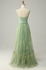 A-Line Square Neck Embroidered Prom Dress Floor Length With Flowers