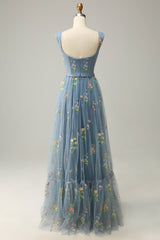 A-Line Square Neck Embroidered Prom Dress Floor Length With Flowers
