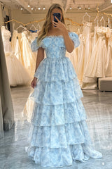 Light Blue Floral Print A-Line Off The Shoulder Tiered Prom Dress Floor Length Beautiful